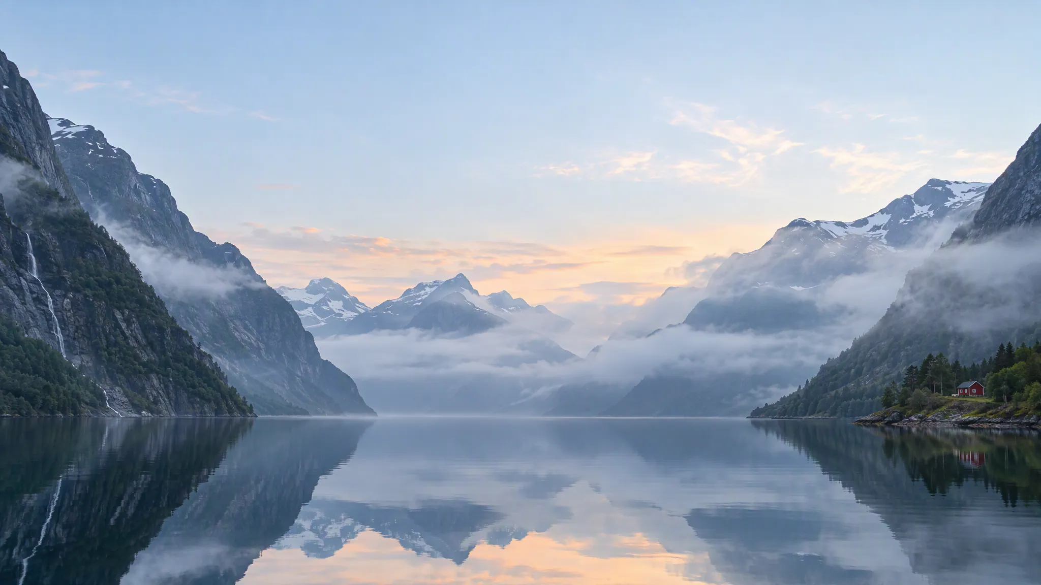 A misty fjord at dawn with a small red cabin on the shore.