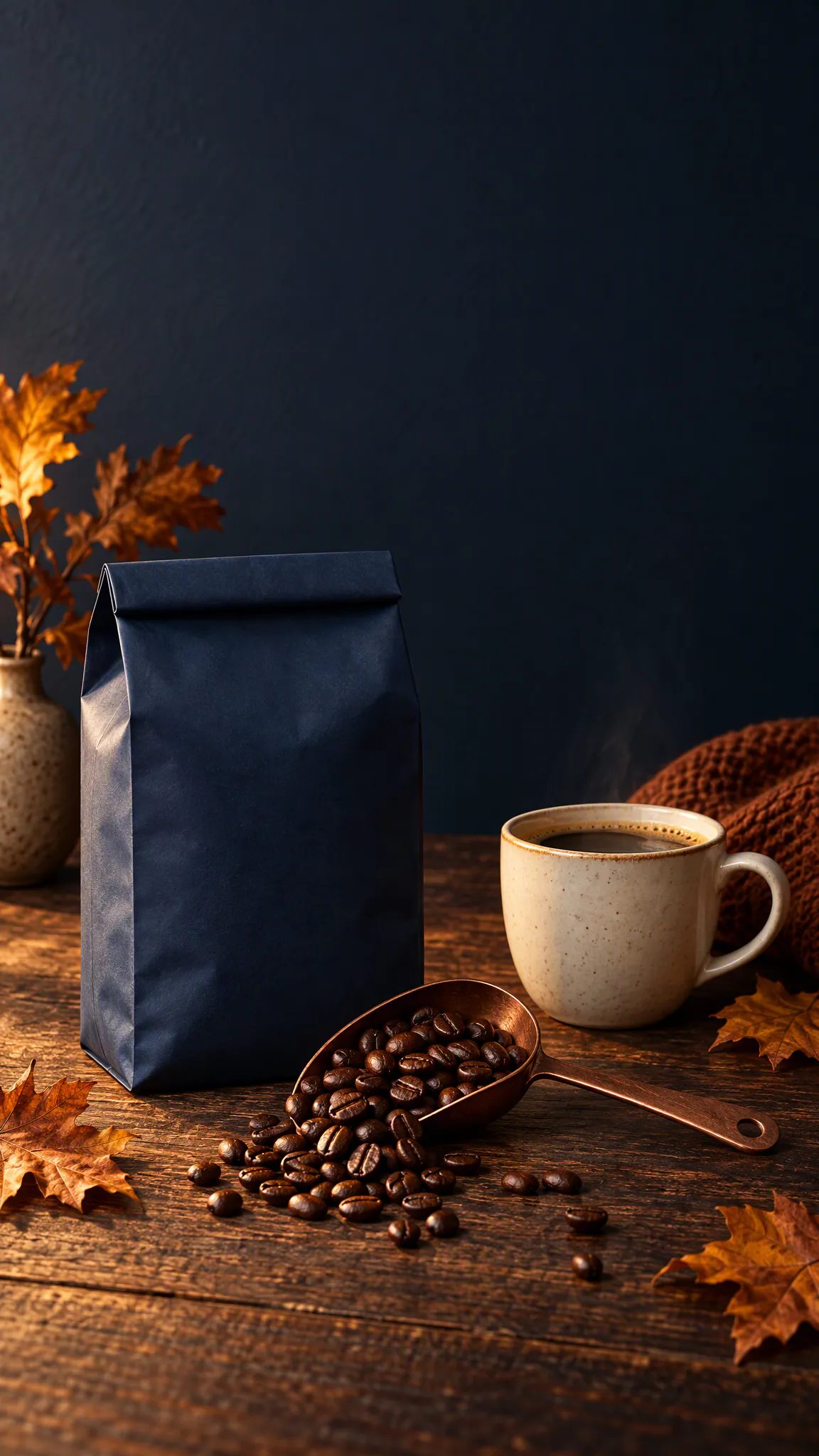 A navy coffee bag, a copper scoop of beans and a cup on dark oak.