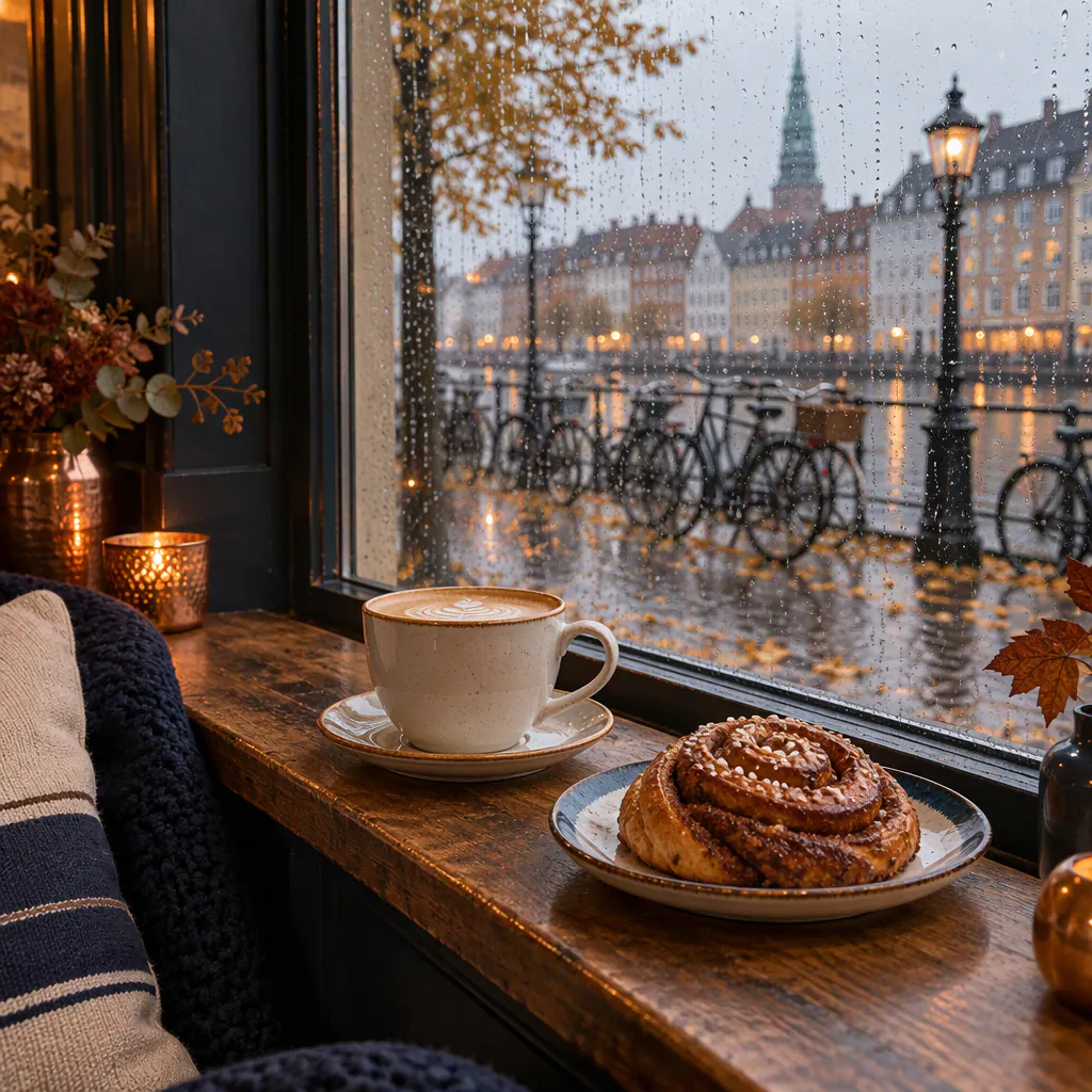 Coffee and a cinnamon swirl by a rainy Copenhagen café window.