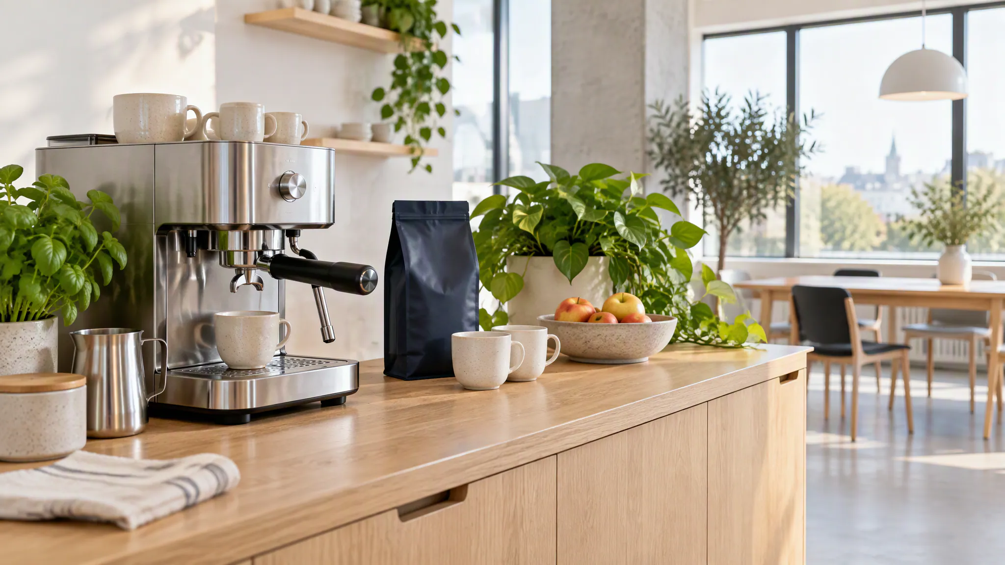 A bright office kitchen with an espresso machine and cups.
