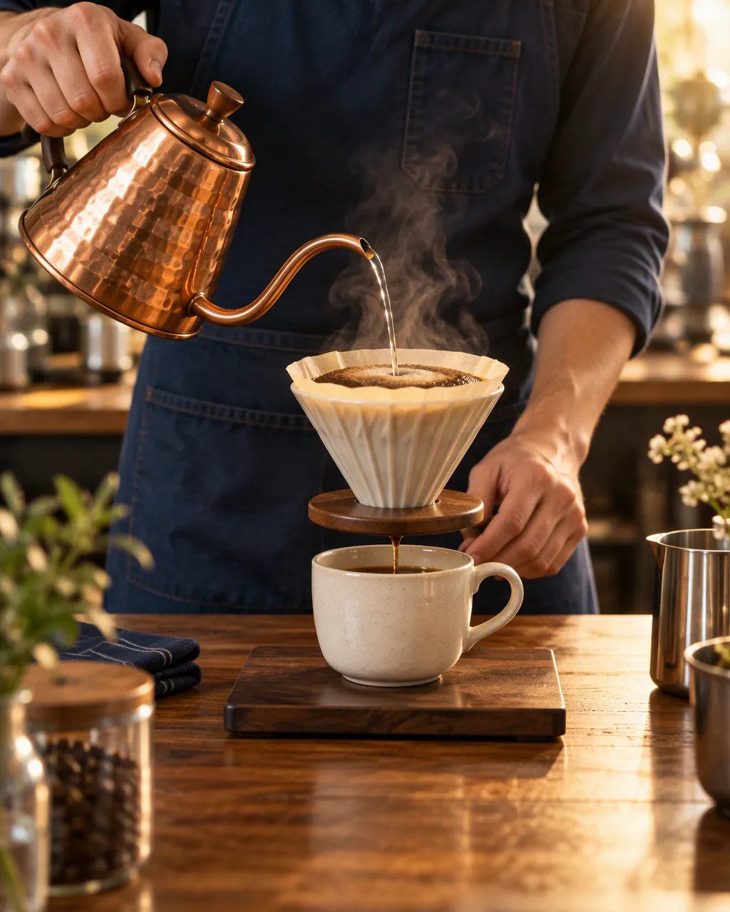 A barista pouring water into a pour-over coffee.