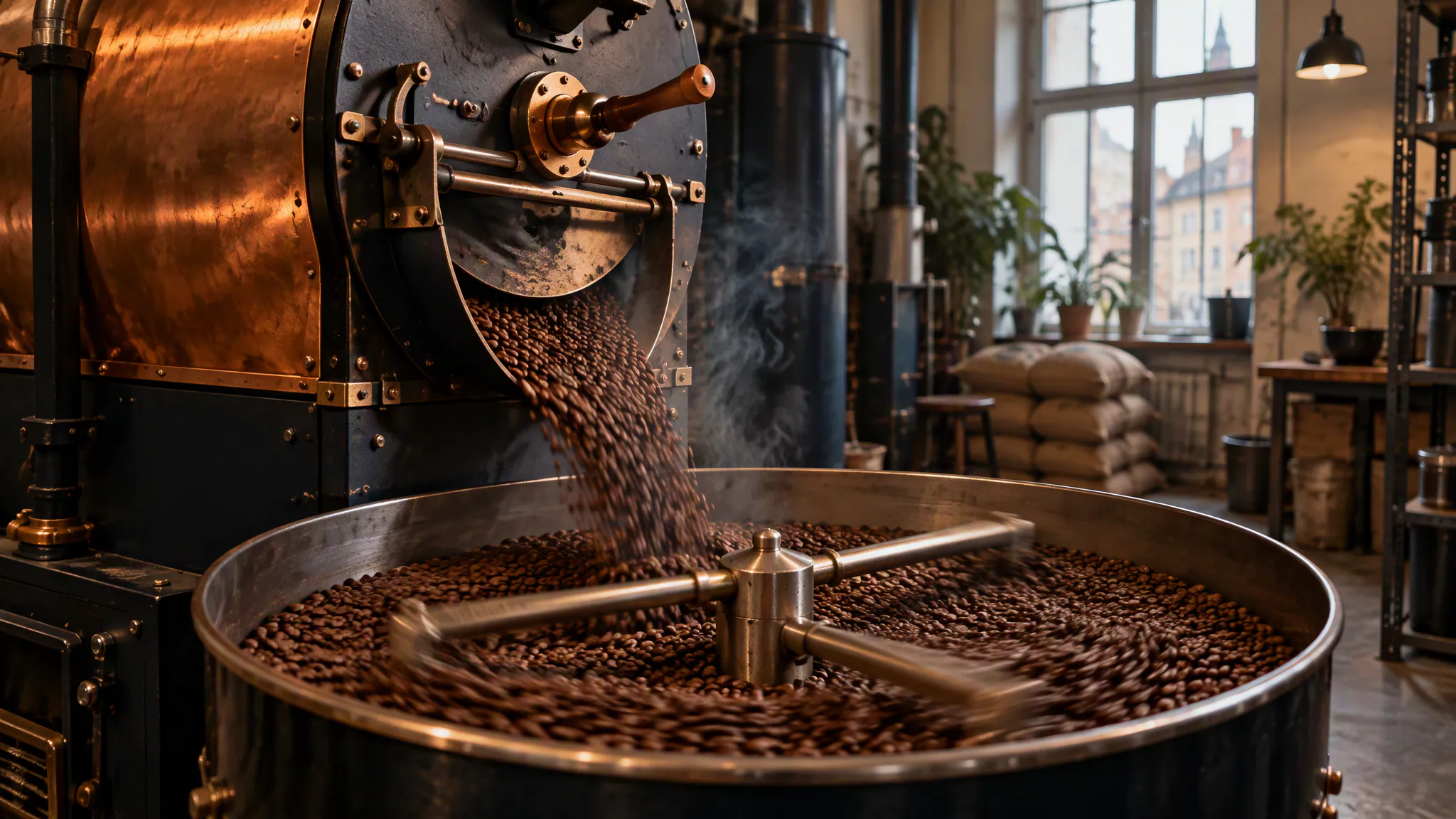 Freshly roasted beans pouring into a cooling tray.